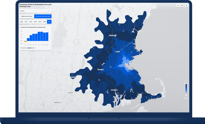 Vizualising home value growth by commute time